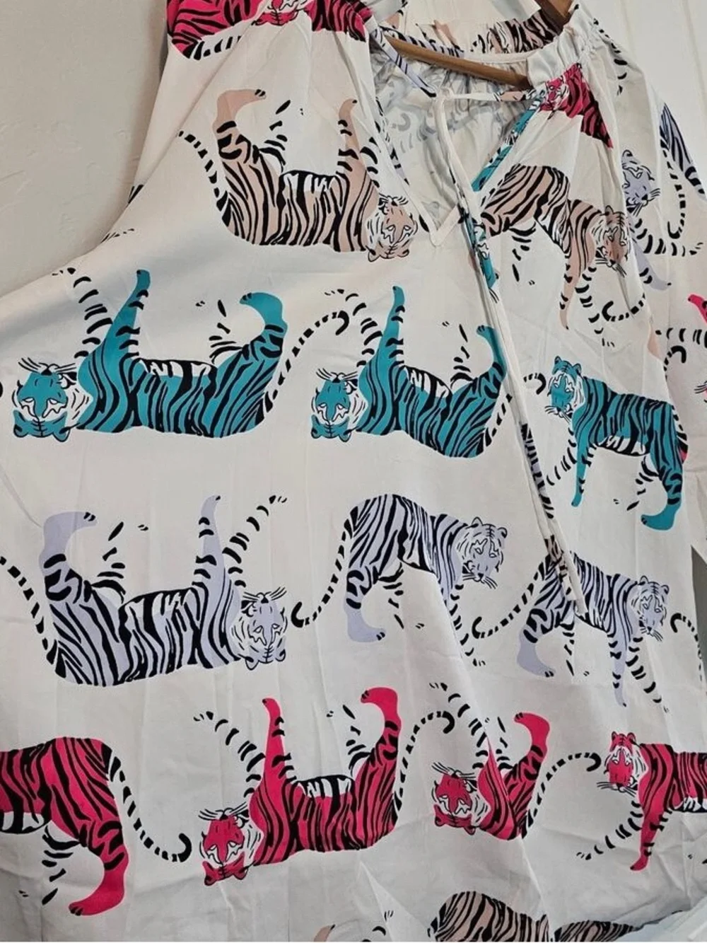 Cream Tiger-Print Long Sleeve Blouse with Multicolor Accents